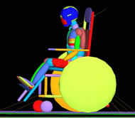 Figure one displays the MADYMO simulation model with a six-year old Hybrid III ATD seated in a manual pediatric wheelchair. The wheelchair is secured using four tiedowns, and the ATD is wearing a three-point occupant restraint. 